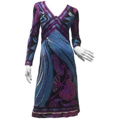 1960s Emilio Pucci Purple Print Silk Jersey Dress W/ Banded Empire Waist and Hem