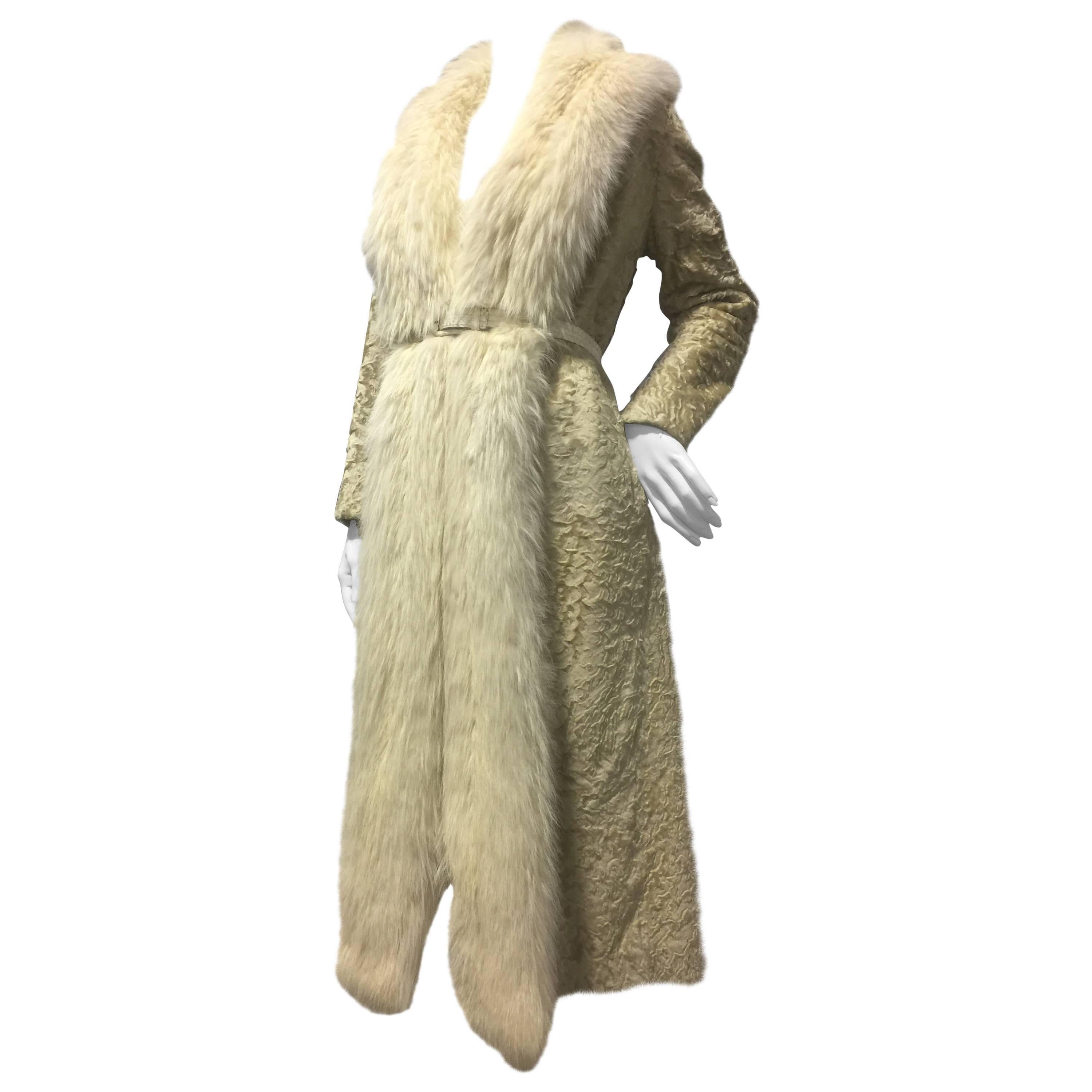 1970s Blonde Broadtail Fur Coat W/ Lush Fox Collar & Snake Belt