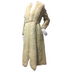 Vintage 1970s Blonde Broadtail Fur Coat W/ Lush Fox Collar & Snake Belt