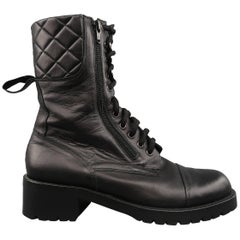 CHANEL Size 10 Quilted Black Leather Zip Lace Up Military Combat Boots