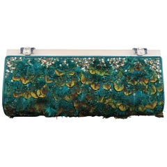 Judith Leiber Teal Peacock Feather and Sequin Silk Crystal Handle Clutch