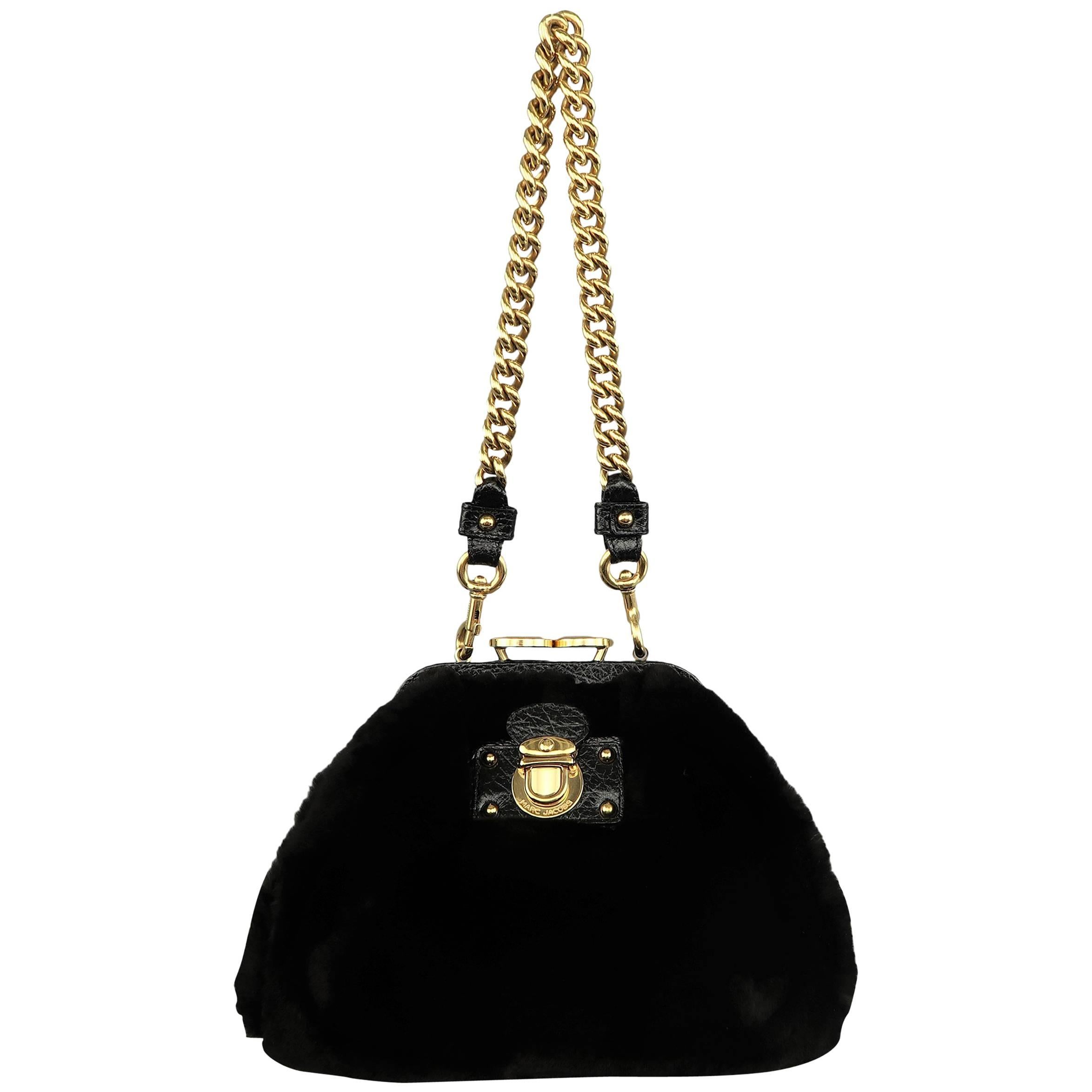 Marc Jacobs Black Mink Fur Gold Kiss Lock Chain Purse Handbag