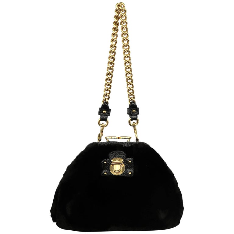 Marc Jacobs Black Mink Fur Gold Kiss Lock Chain Purse Handbag at