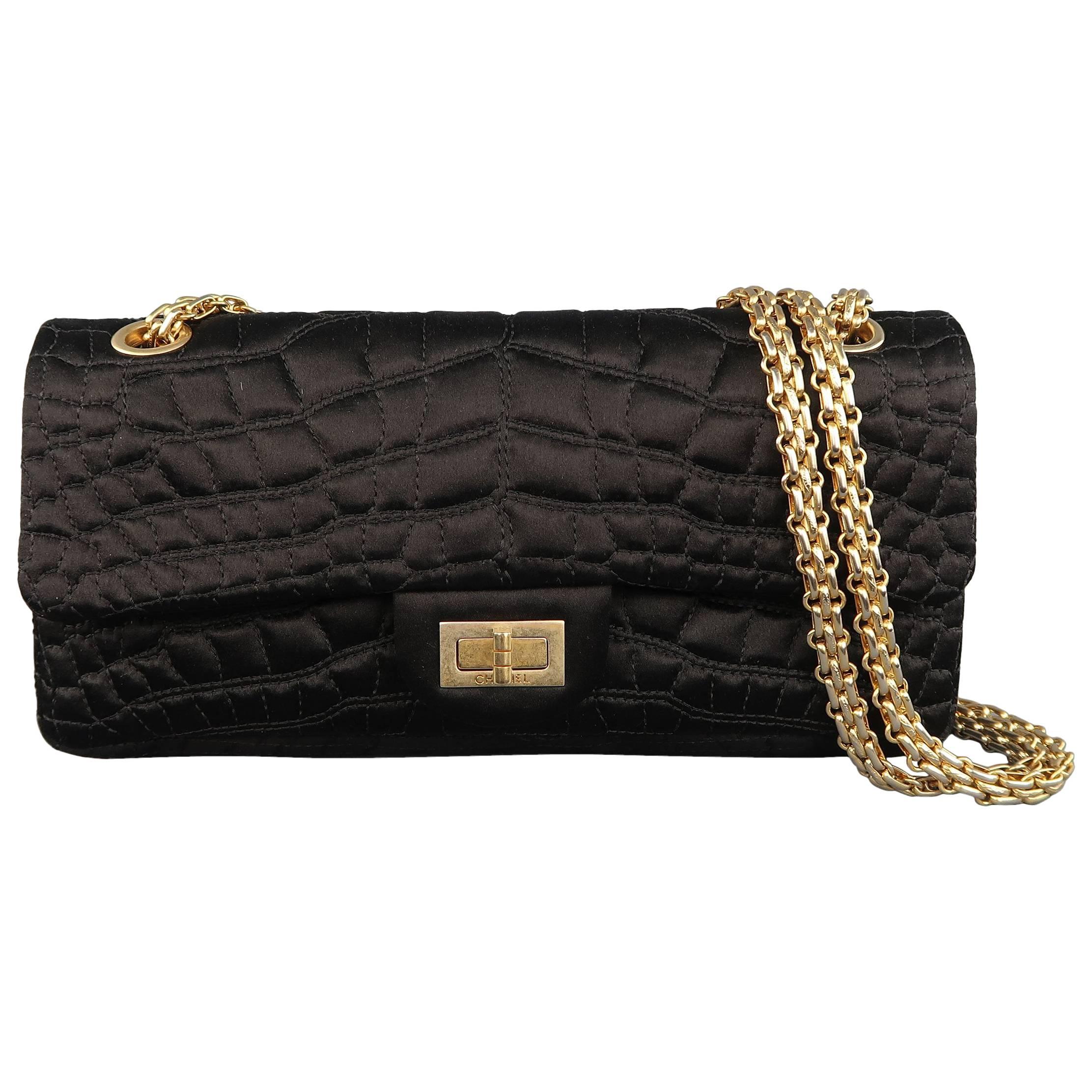 Chanel Handbag - Black Alligator Quilted Silk Gold Chain Reissue Shoulder Bag