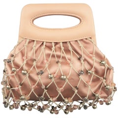 Retro Chanel Salmon Pink Silk and Leather Beaded Mesh Mini Handbag