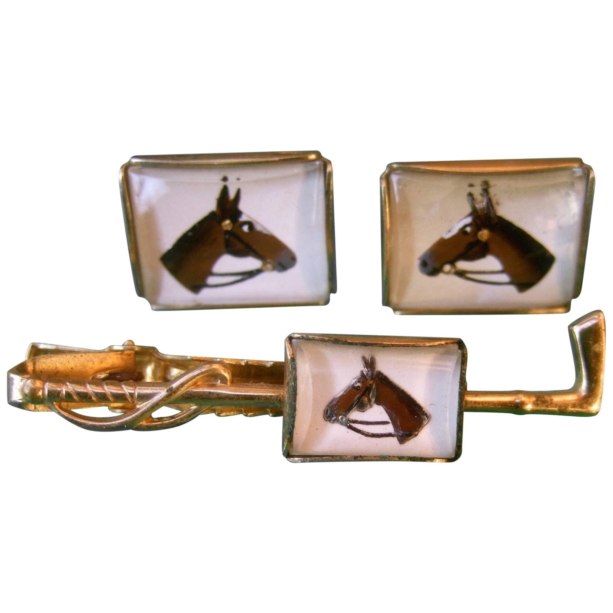 1950s Glass Equine Tie Bar & Cuff Links Set  For Sale