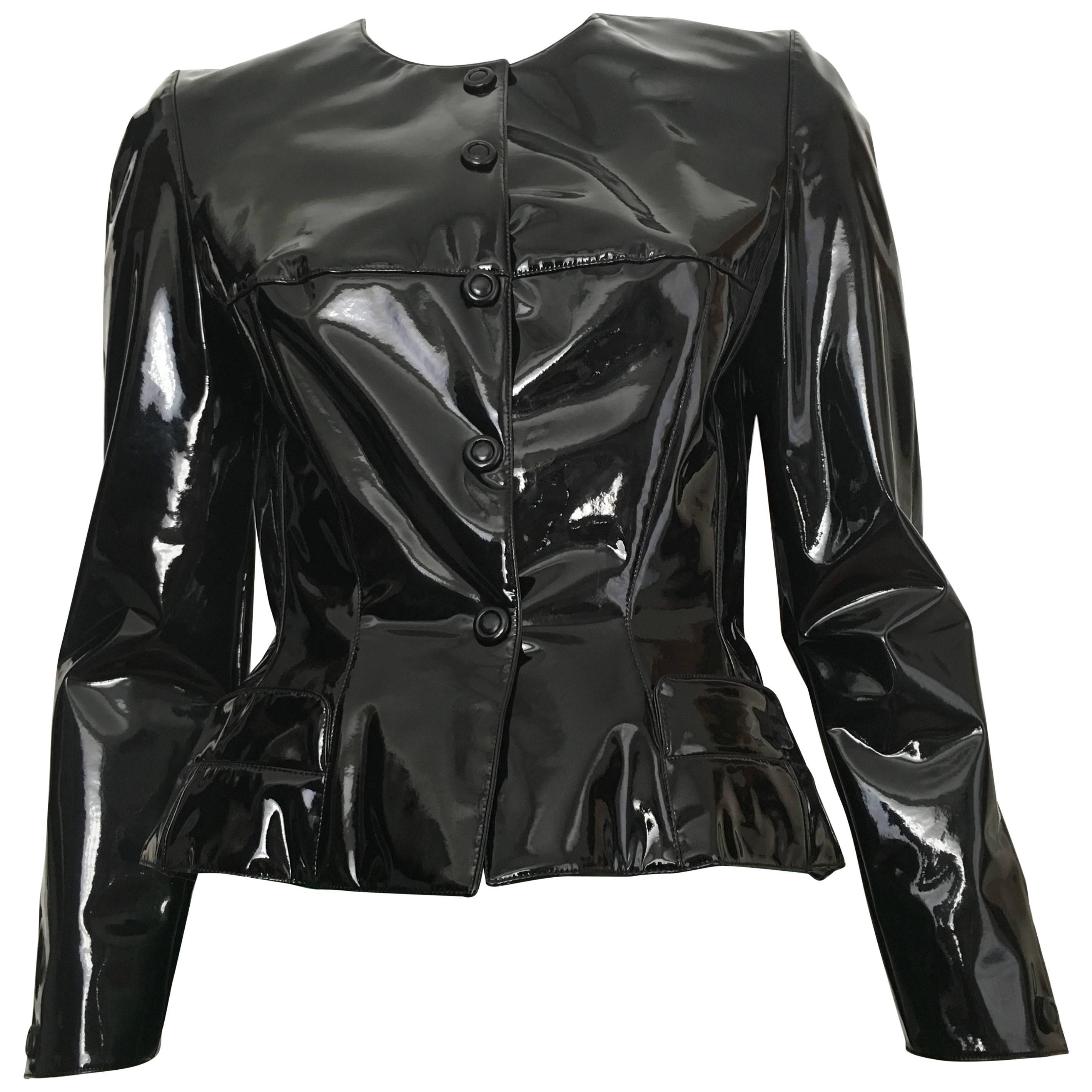 Thierry Mugler Black Rubber Snap Jacket Size 4.  For Sale