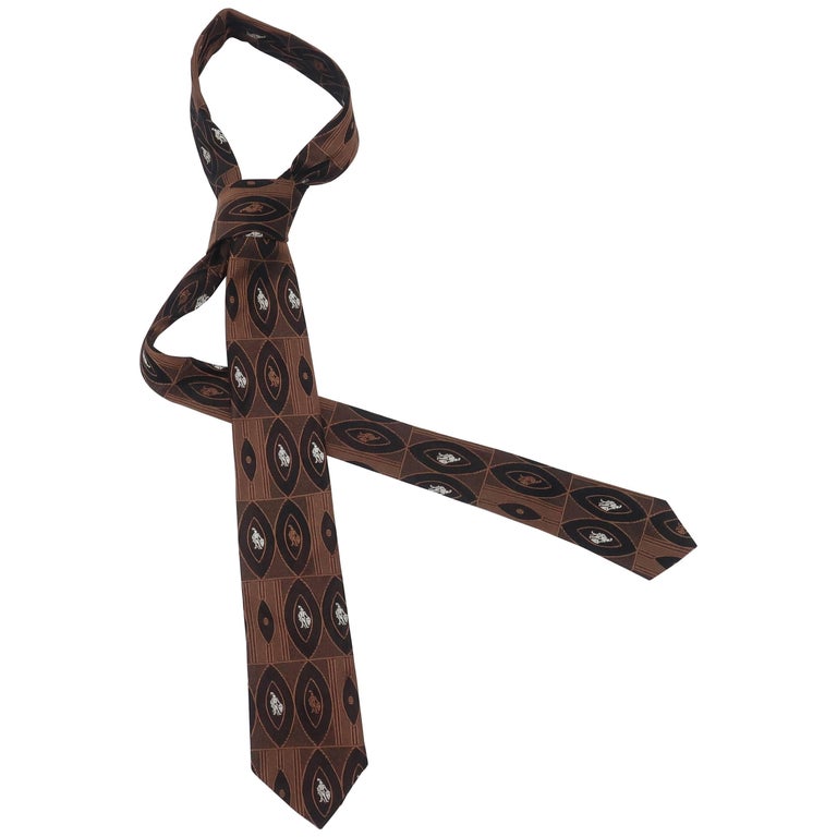 1950’s Men’s Skinny Brown Silk Necktie With Knight Motif For Sale at ...