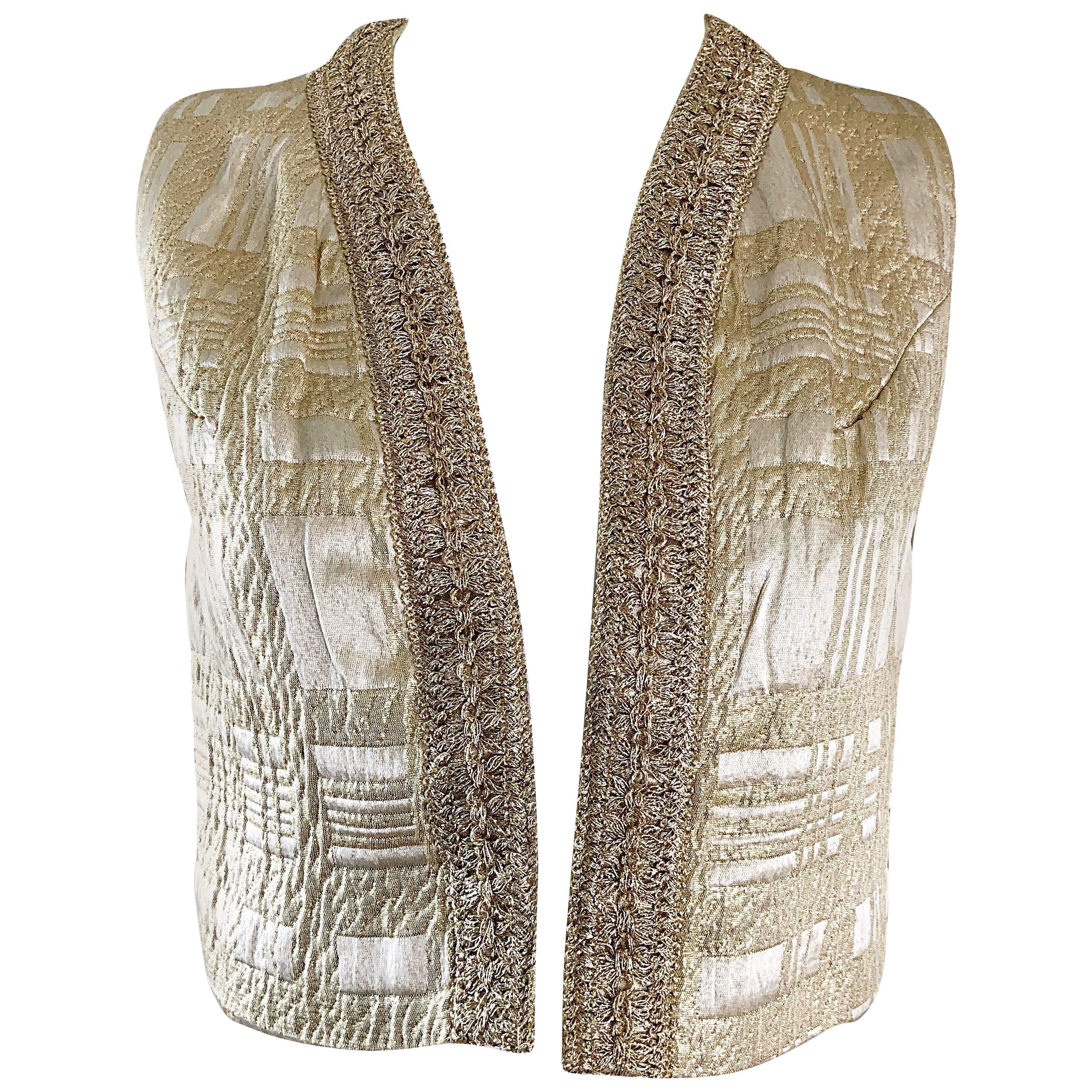 Saks 5th Avenue Vintage Gold Silk Brocade Metallic Crop Vest, 1960s 