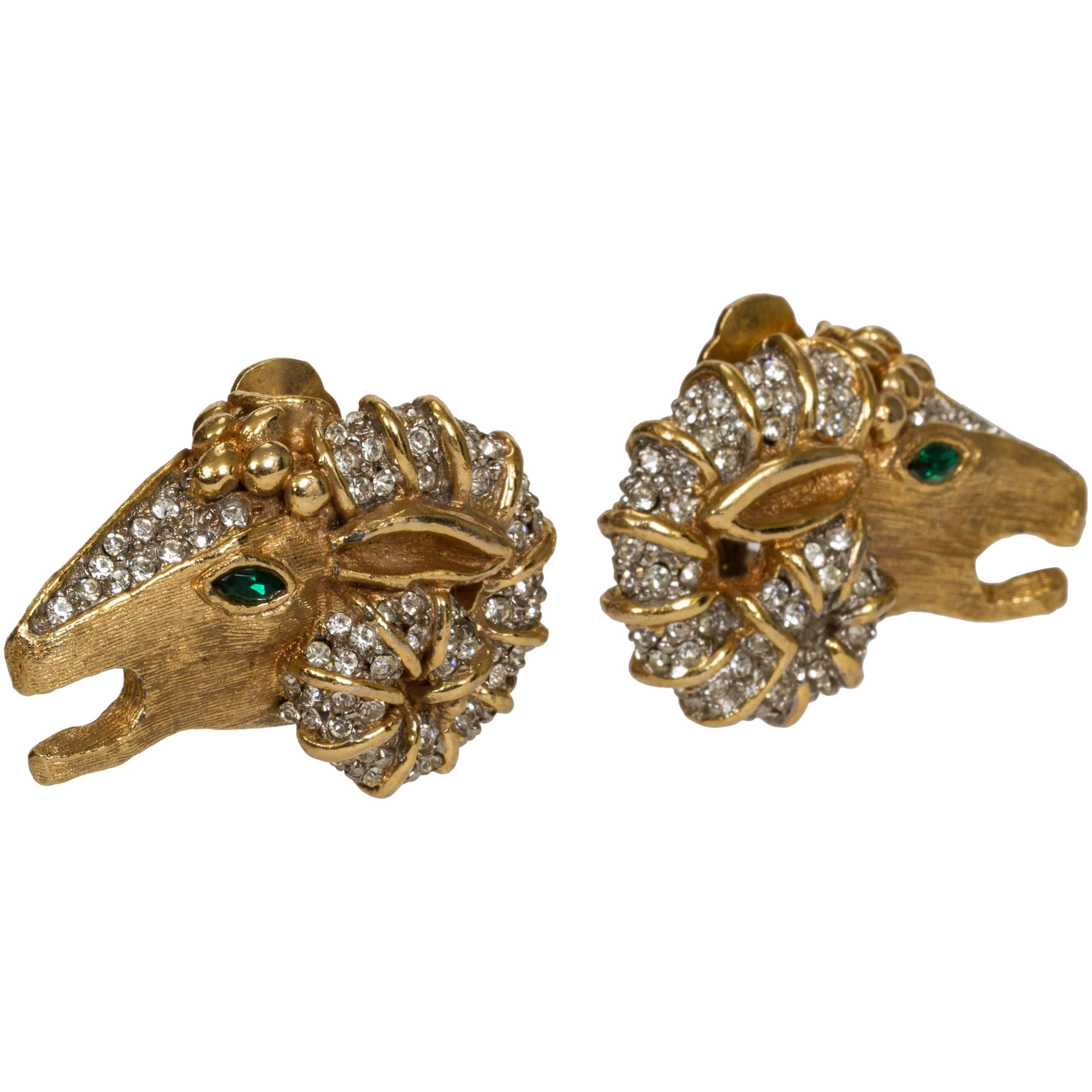 1960's Kenneth Jay Lane Gold Rhinestone Ram Clip Earrings