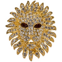 1980's Kenneth Jay Lane Gold Plated Rhinestone Lion Pin