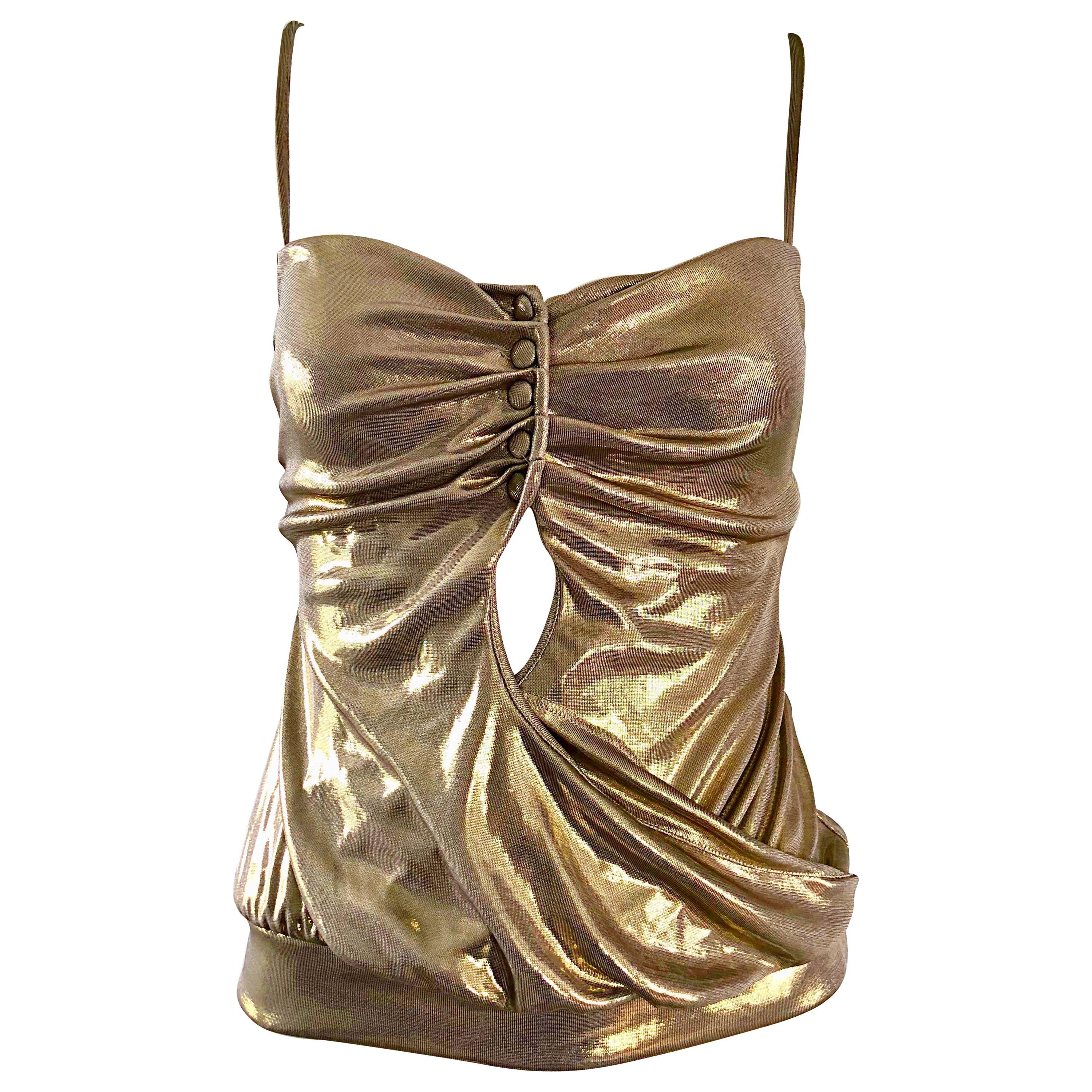 Moschino Vintage Gold Lame Sexy Cut Out Sleeveless Top Shirt, 1990s 