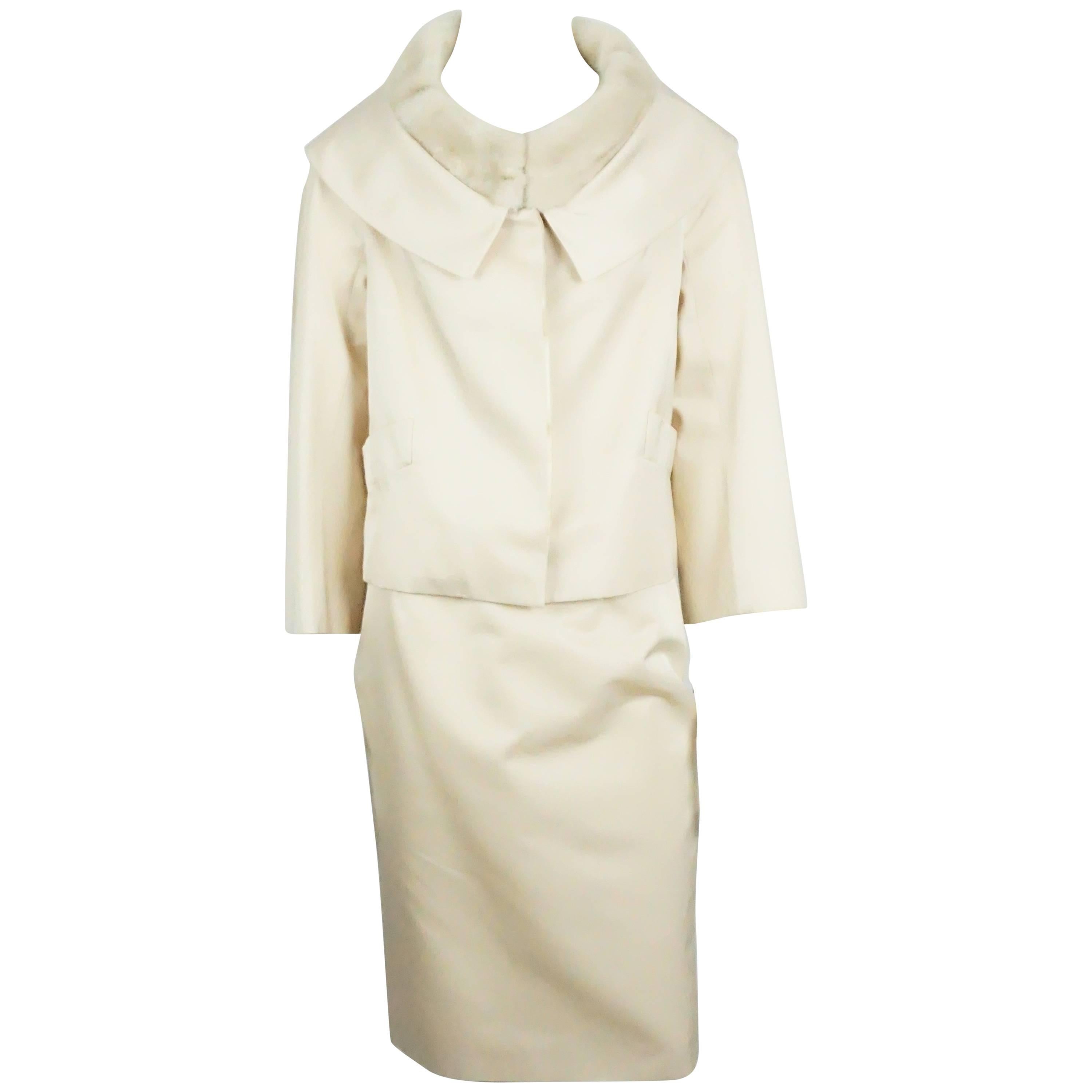 Christian Dior Ecru Silk Skirt Suit with Mink Collar - 38 - NWT