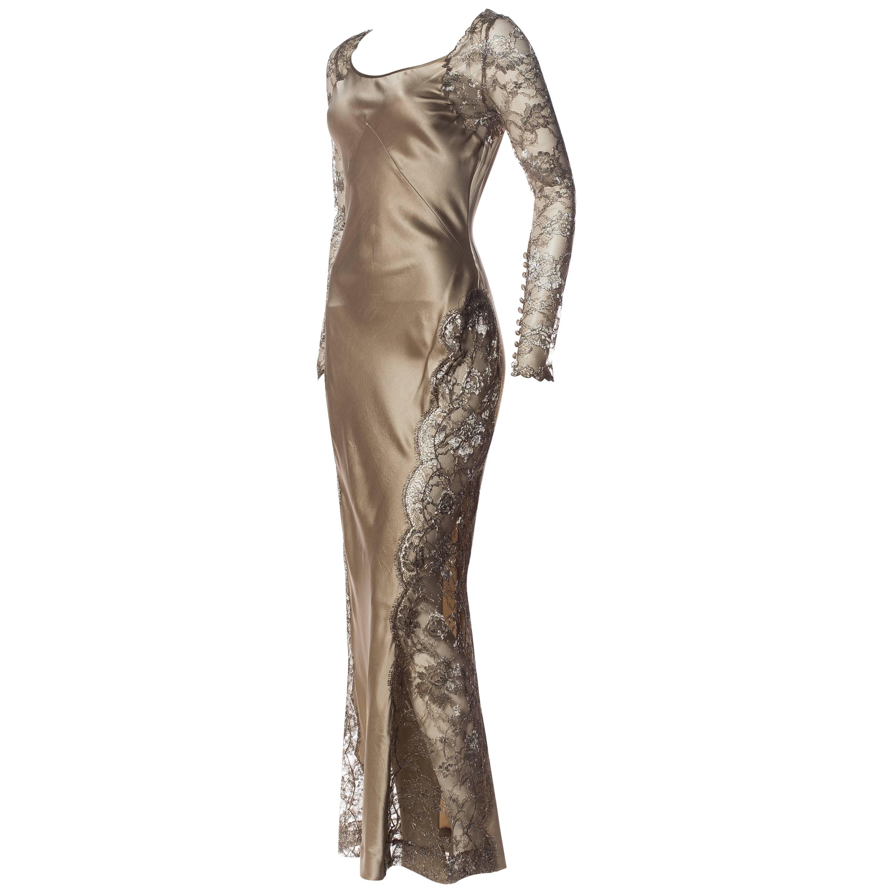 Richard Tyler Washed Silk And Lace Bias Cut Gown Dress For Sale