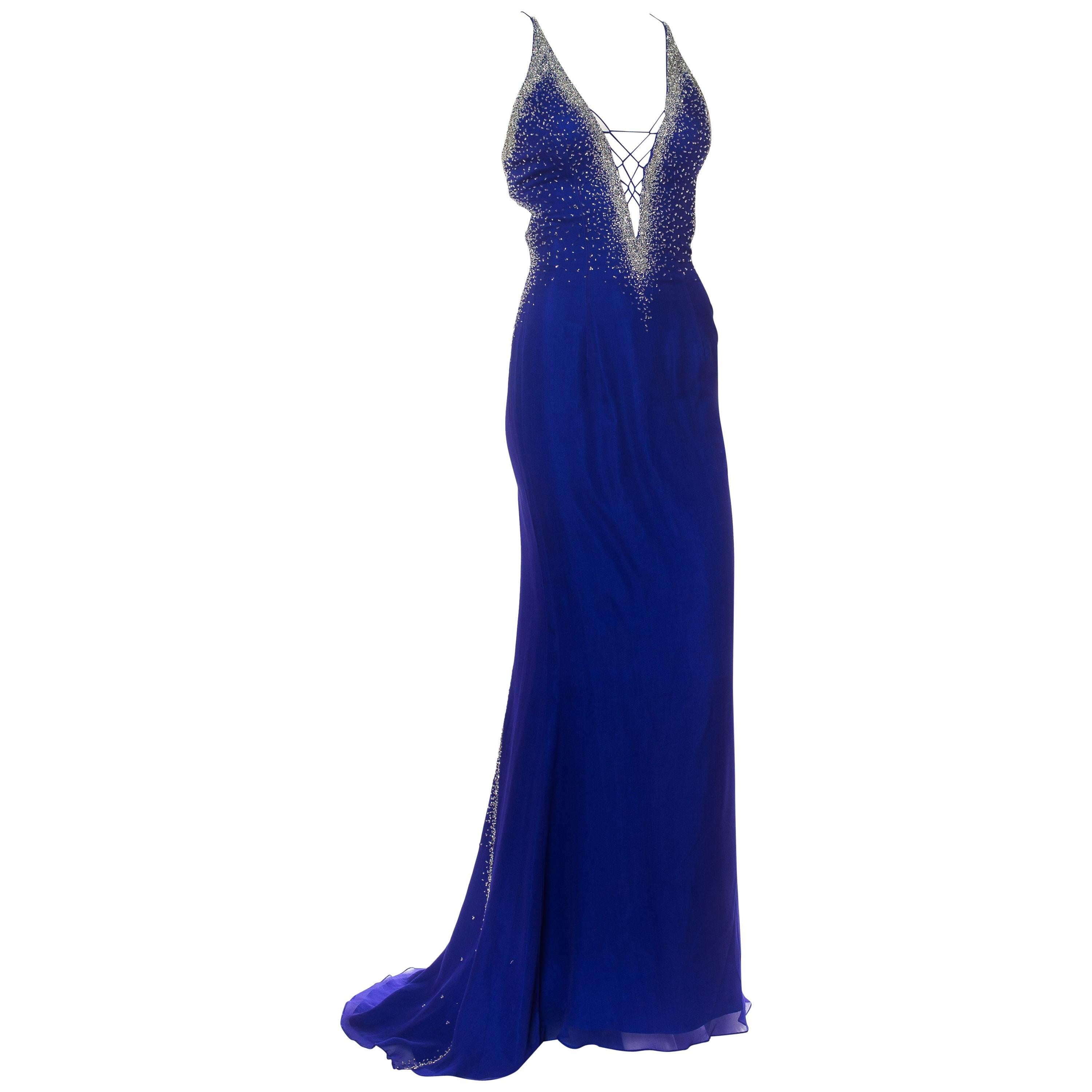 1990S Cobalt Blue Silk Chiffon Backless & Trained Gown With Silver Beading For Sale