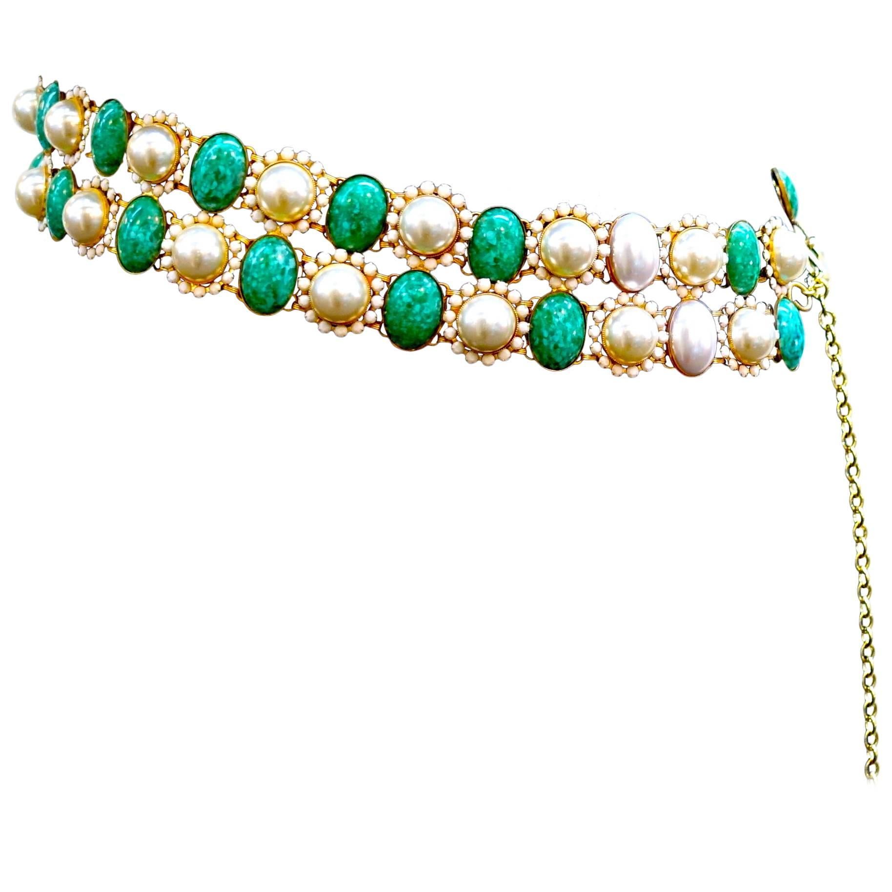 Kenneth Jay Lane Vintage Faux Pearl and Green Stone Belt, 1960s  For Sale
