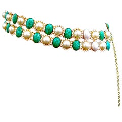 Kenneth Jay Lane Vintage Faux Pearl and Green Stone Belt, 1960s 