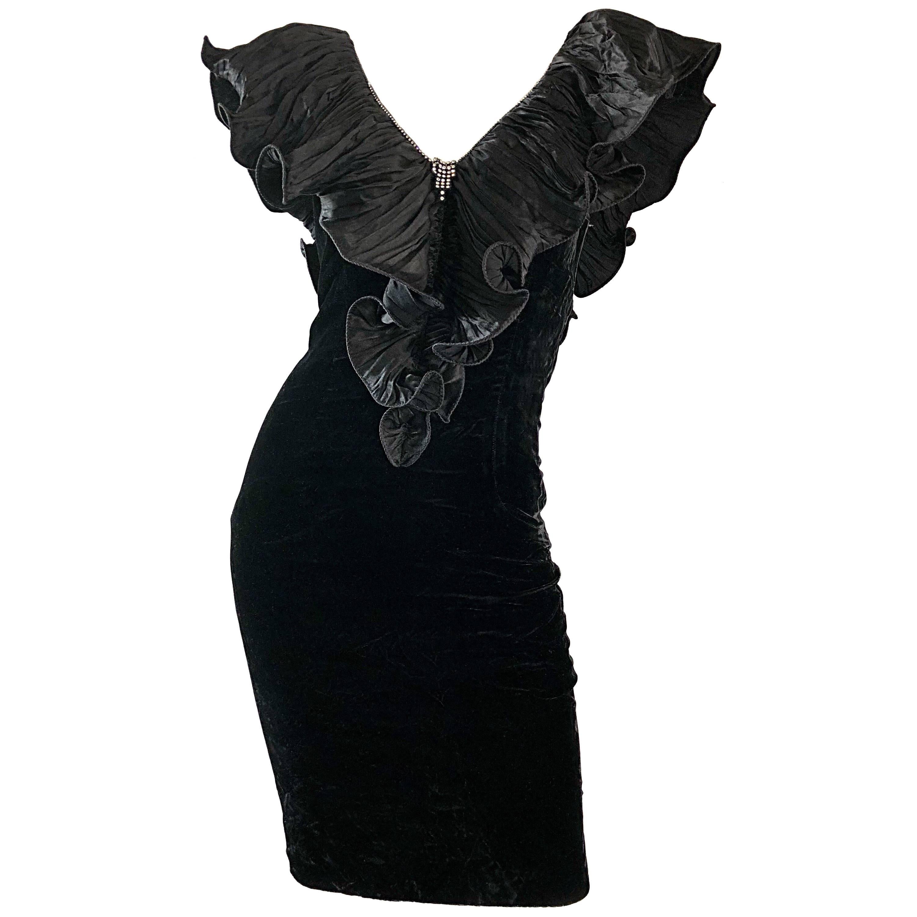 Avant Garde 80s Vintage Black Crushed Velvet Bodycon Rhinestone Cocktail Dress