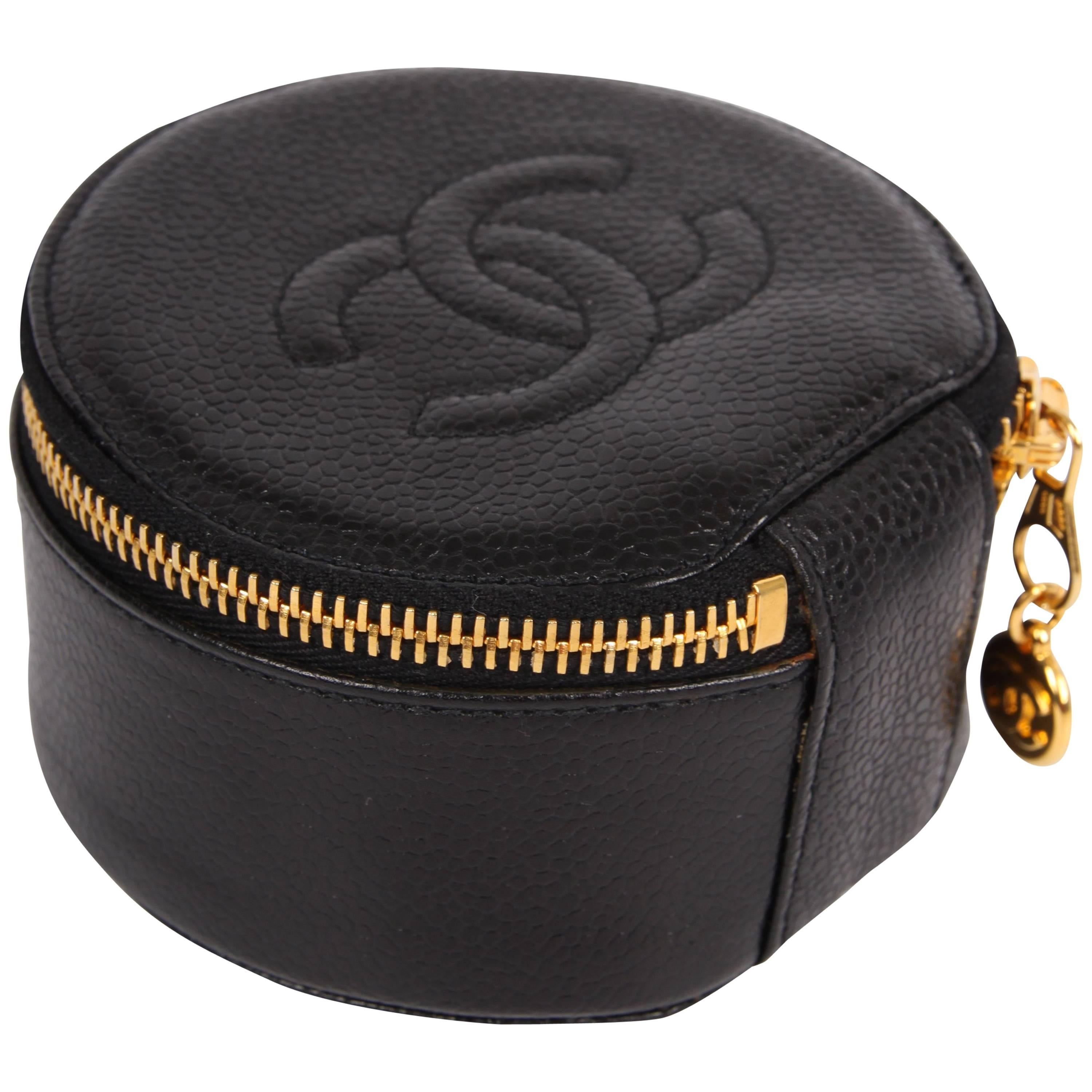 Chanel CC Caviar Leather Jewelry Case / Round Pouch Bag - black 1991