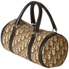 Vintage Petite Christian Dior Logo Fabric and Leather Cylinder Duffel Bag Handbag
