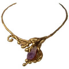 Amethyst Brass Metal Artisan Choker Necklace c 1970s 