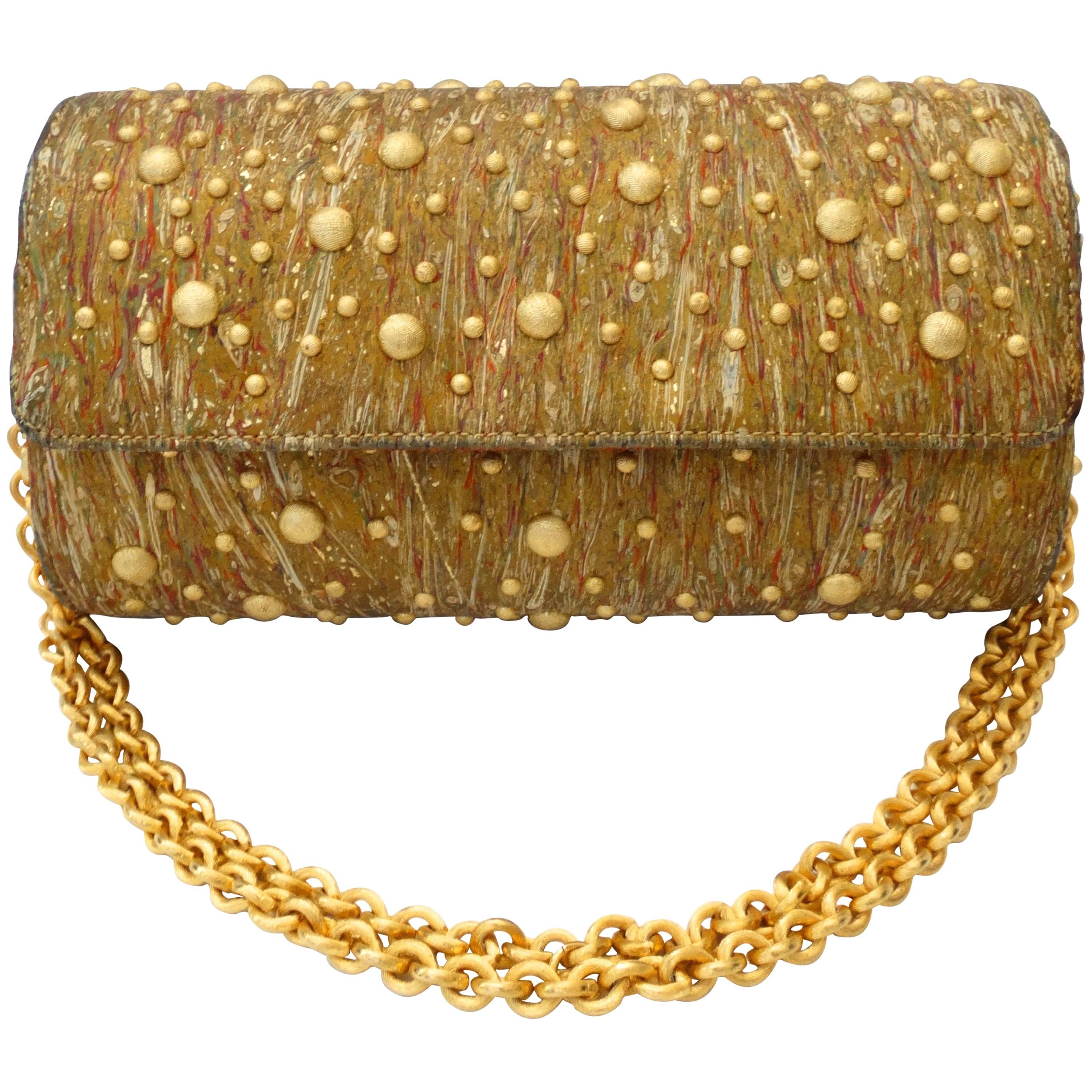 1980s Studded Gold Marble Painted Evening Bag