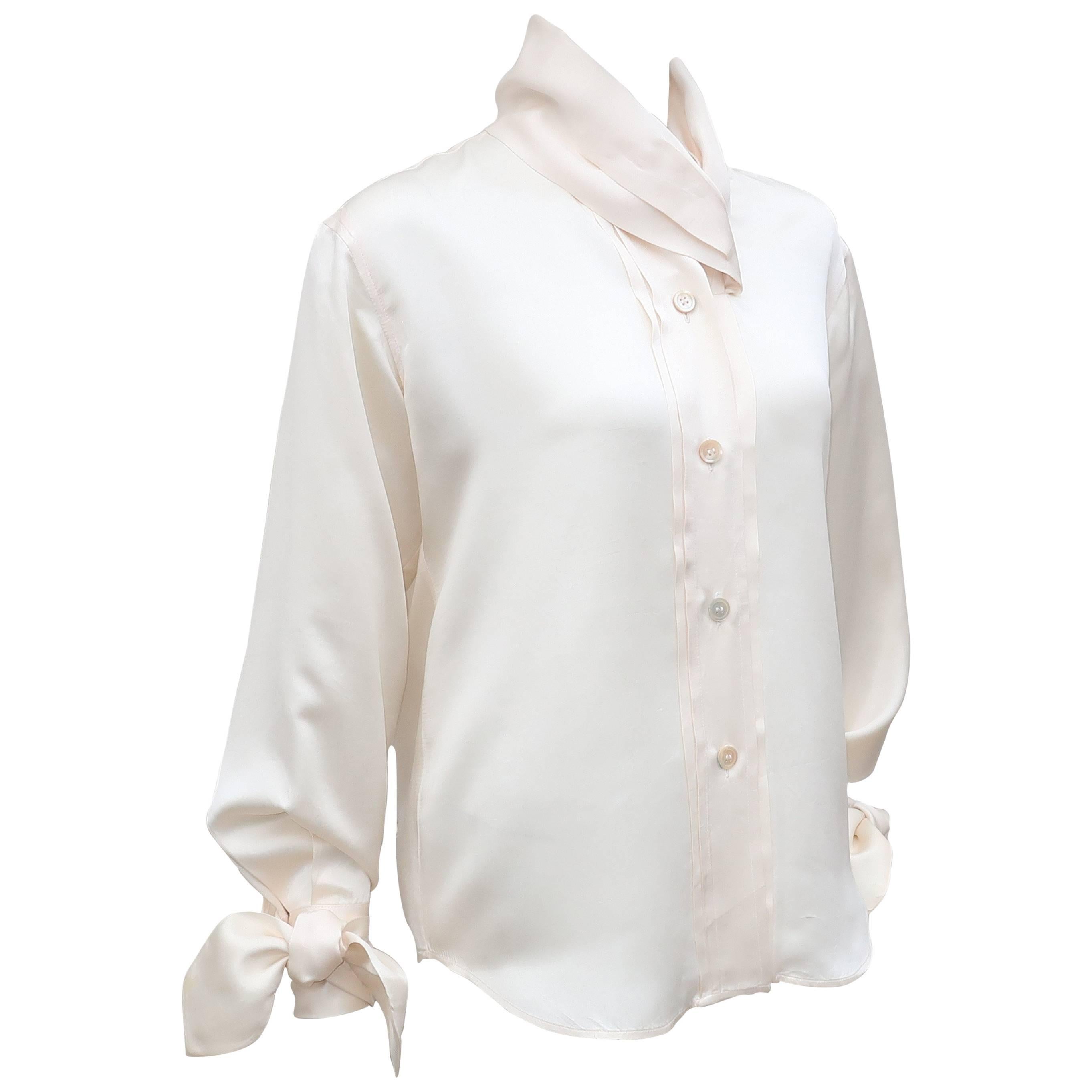1980's Romeo Gigli Ivory Silk Blouse With Sash Cuffs