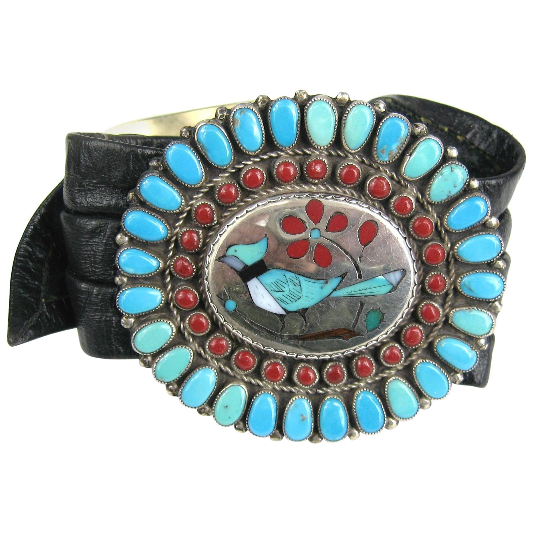 Native American Zuni Coral Turquoise Sterling Silver Concho leather Bracelet 