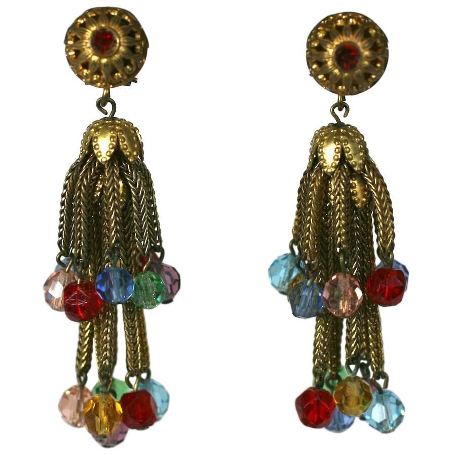 Louis Rousselet Gilt Tassel and Crystal Earclips