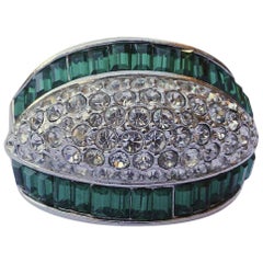 Silver Tone Green and Clear Rhinestone Bombé Cocktail Ring circa 1980s