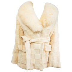 Retro 1970s Cream Sweater Knit Wrap Coat w/ Lamb Fur Collar