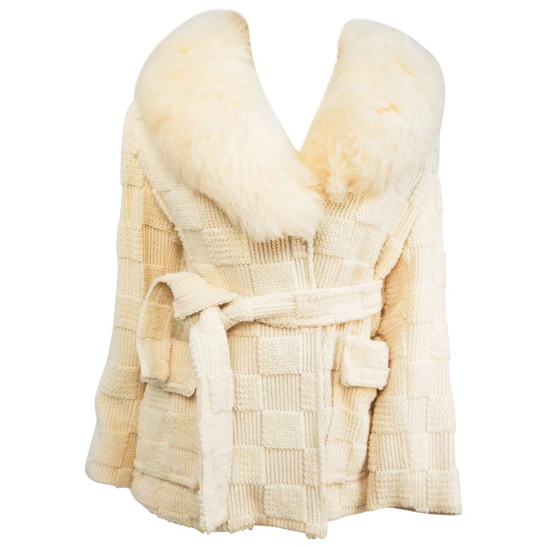 1970s Cream Sweater Knit Wrap Coat w/ Lamb Fur Collar For Sale at 1stdibs