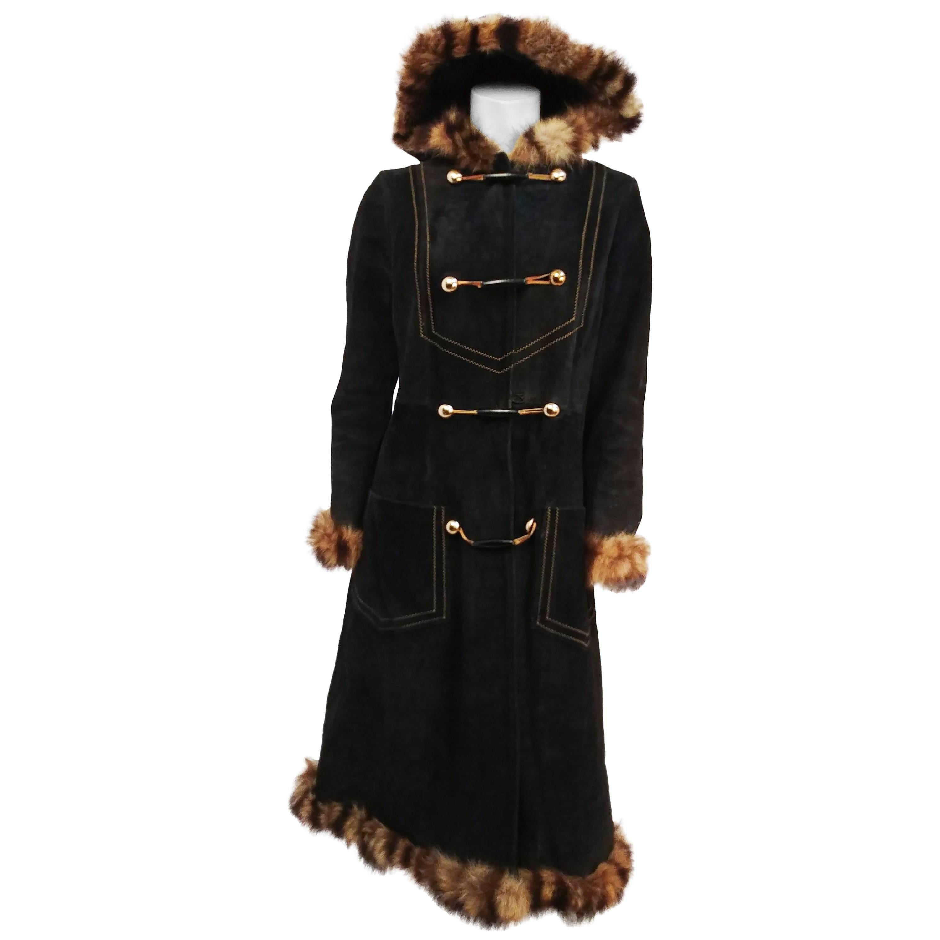 1970s Black Suede Leather Coat w/ Raccoon Trim For Sale