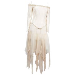 1990s Cream Showgirl Off-shoulder Corset Top & Handkerchief Hem Skirt Set