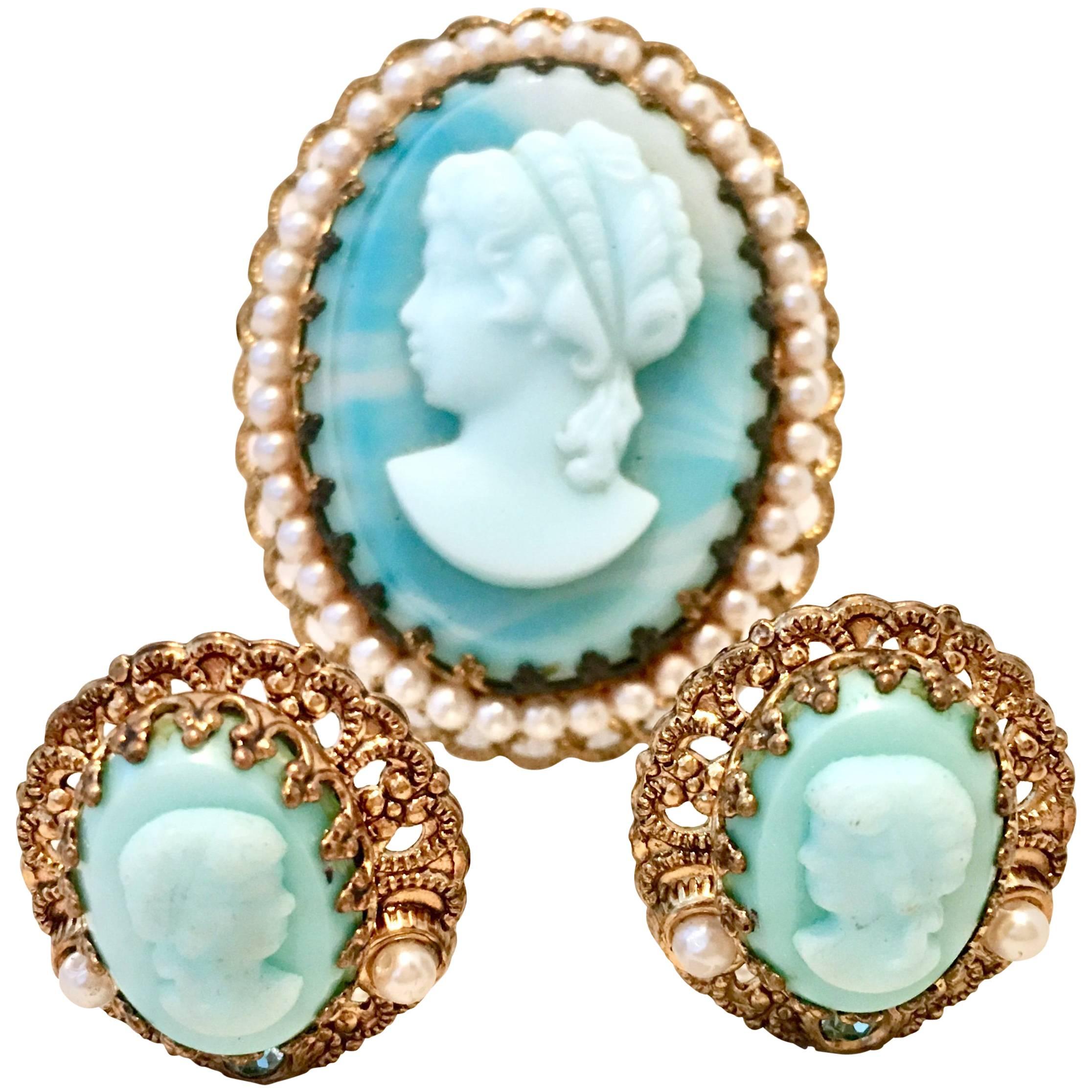 1950'S Germany Gold Filigree Carved Blue Cameo Brooch & Earrings S/3