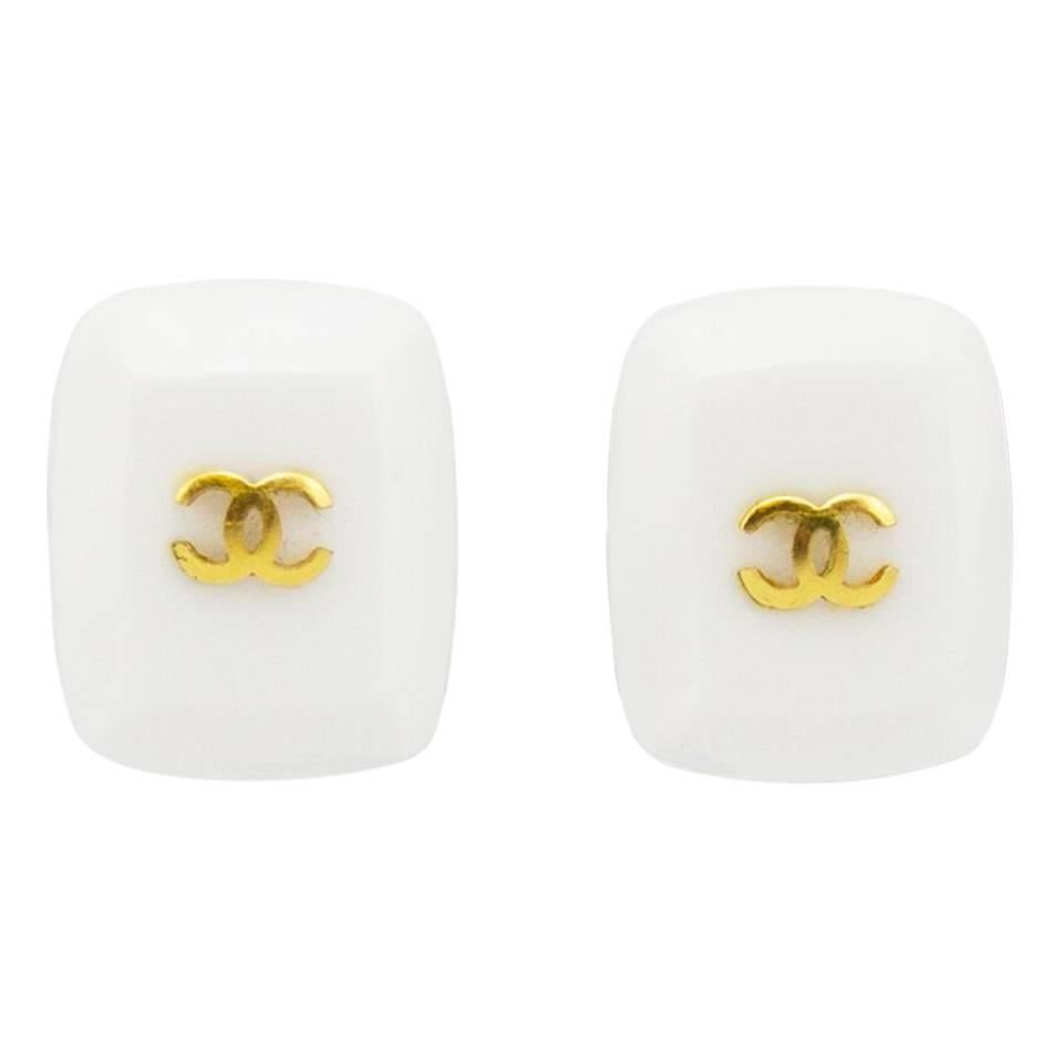 Autumn 1995 Chanel White Resin Clip On Earrings with Gold Details