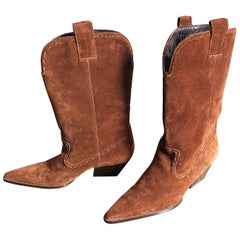 1990s Michael Kors Collection Brand New Size 8 Brown Suede Ankle Cowboy Boots