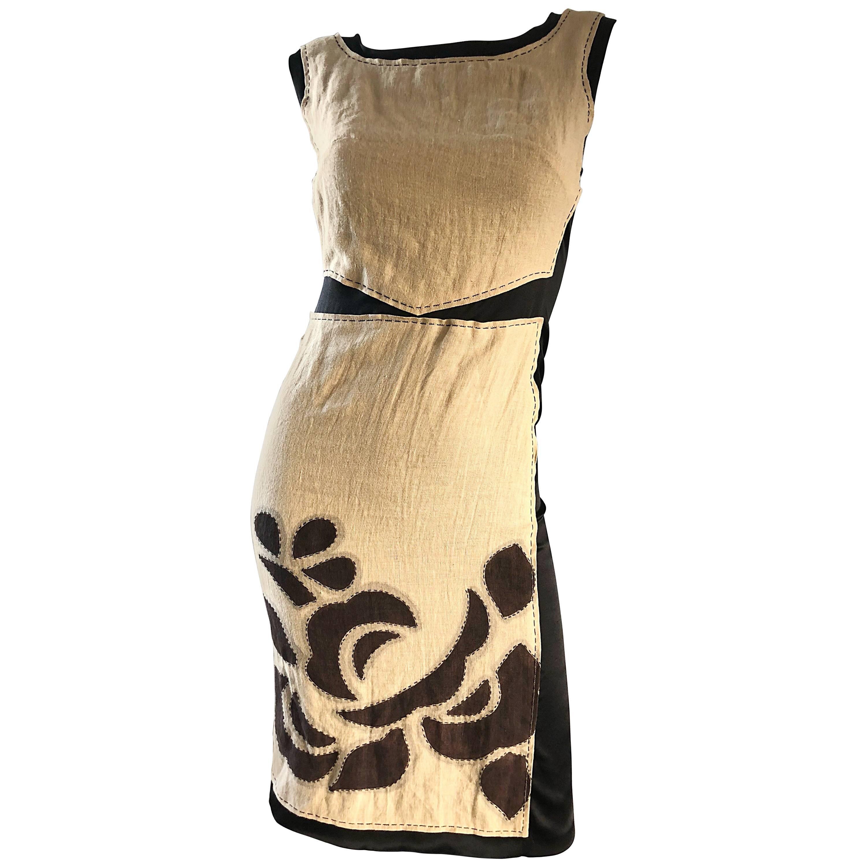 Alberta Ferretti Tan Brown Black Sz 6 Linen and Silk Patchwork Vintage Dress   For Sale