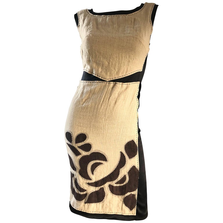 Alberta Ferretti Tan Brown Black Sz 6 Linen and Silk Patchwork Vintage Dress