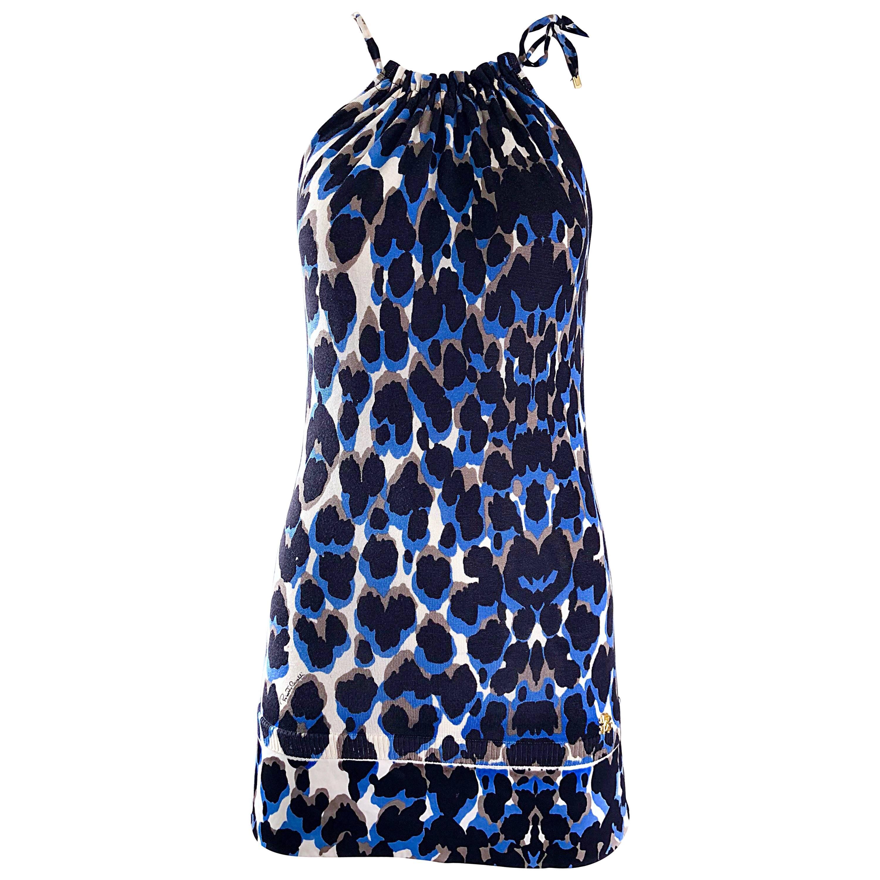 Roberto Cavalli 1990s Vintage Blue Leopard Print Silk Knit 90s Mini Dress