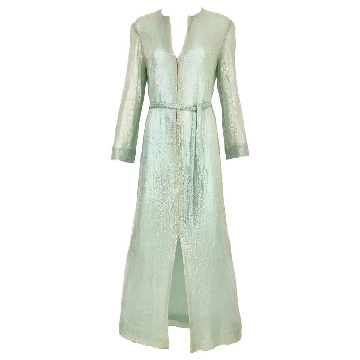 1970s HALSTON Minty Green Iridescent Sequin Kaftan Dress 