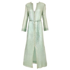 1970s HALSTON Minty Green Iridescent Sequin Kaftan Dress