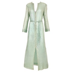 Vintage 1970s HALSTON Minty Green Iridescent Sequin Kaftan Dress 