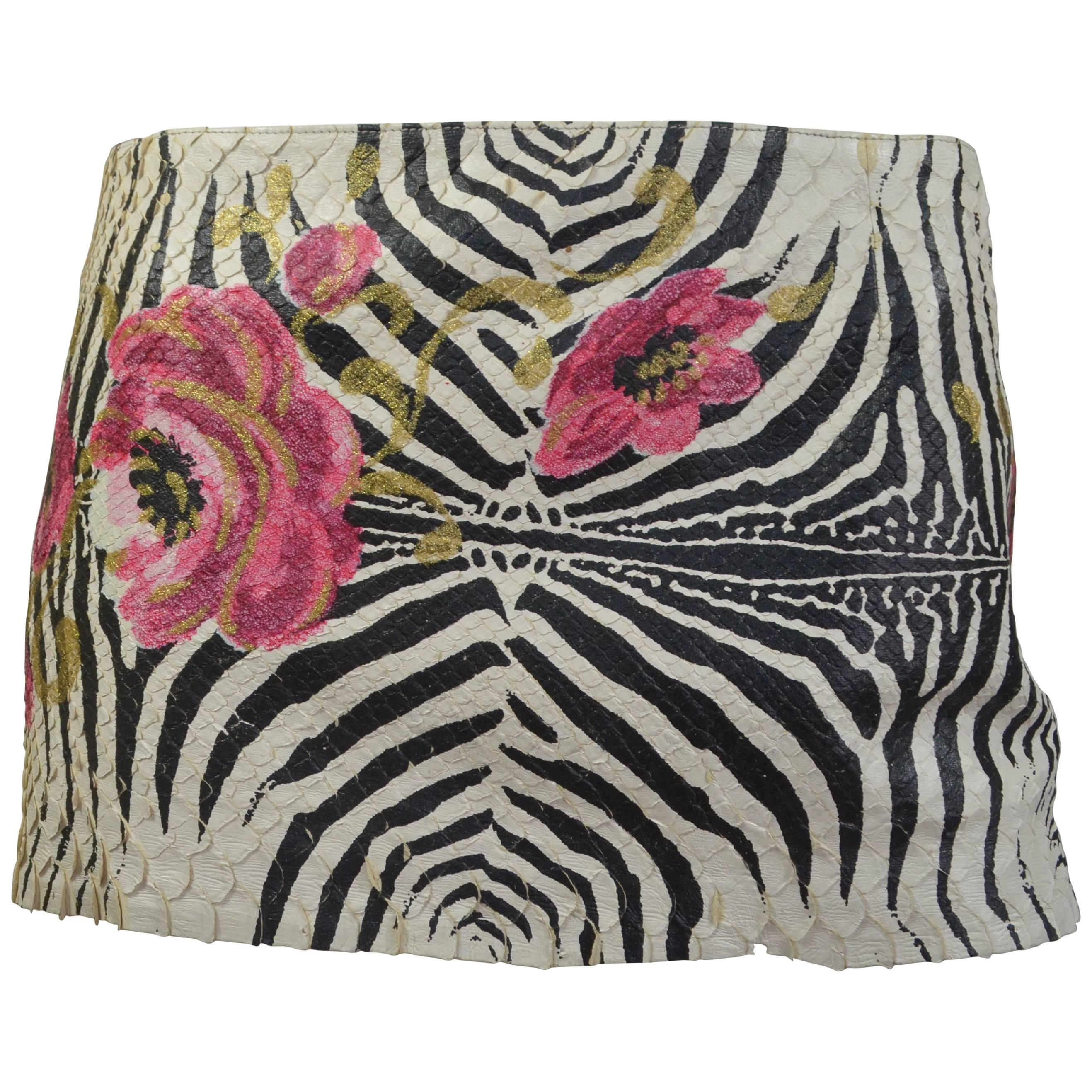 Roberto Cavalli Zebra Floral Painted Snakeskin Micro Mini Skirt 