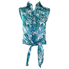 Patrizia Pepe Türkis-blaues und weißes Vintage-Crop-Top mit Paisleymuster, 1990er Jahre