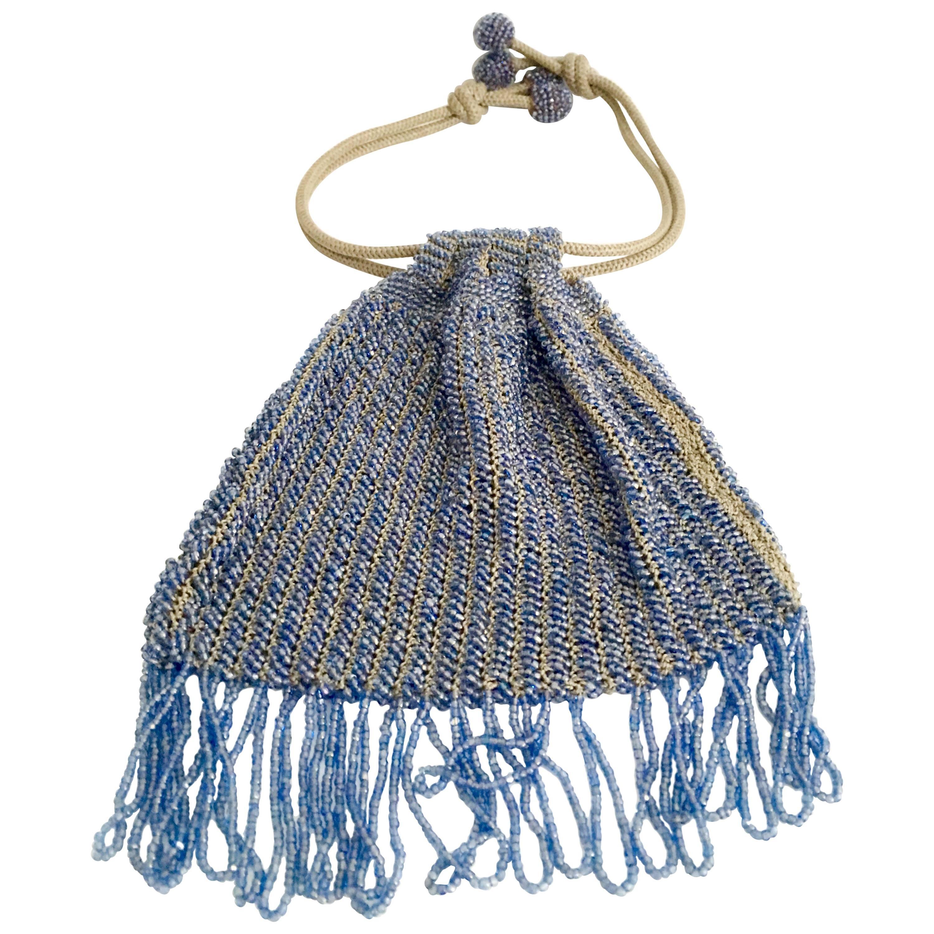 Antique Hand Cut Art Glass Bead Crochet Drawsting Evening Bag For Sale