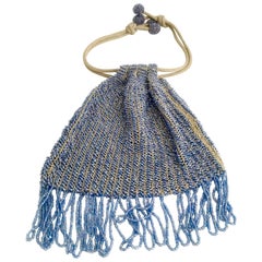 Antique Hand Cut Art Glass Bead Crochet Drawsting Evening Bag