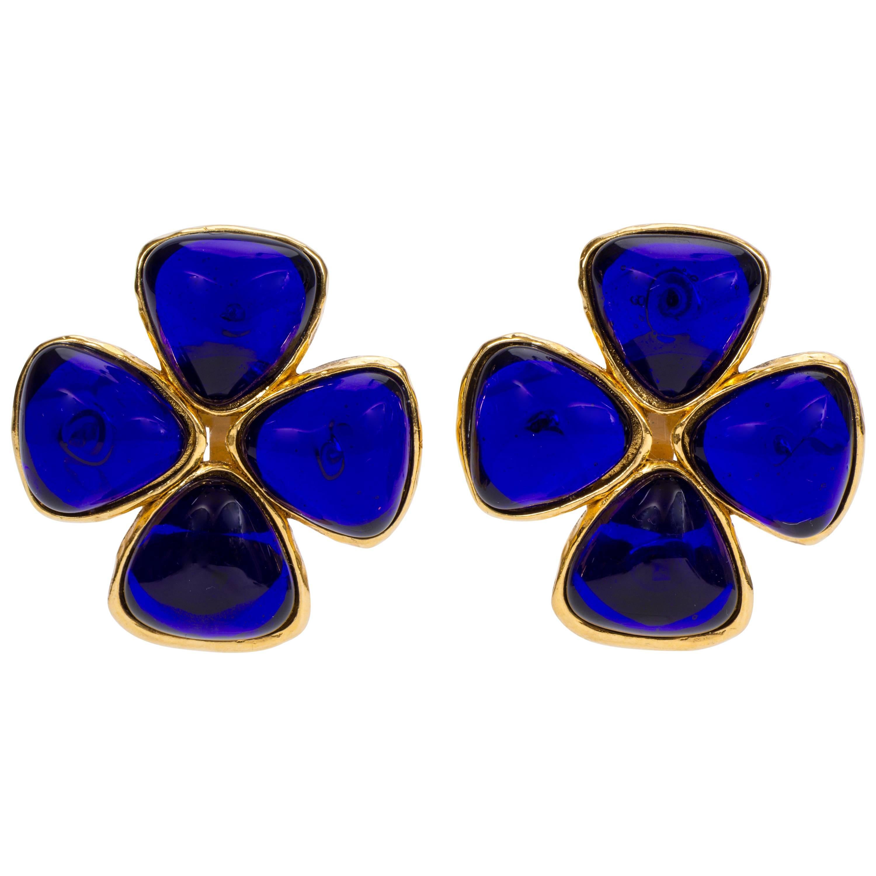Chanel Blue Gripoix Clover Clip Earrings, 1980s