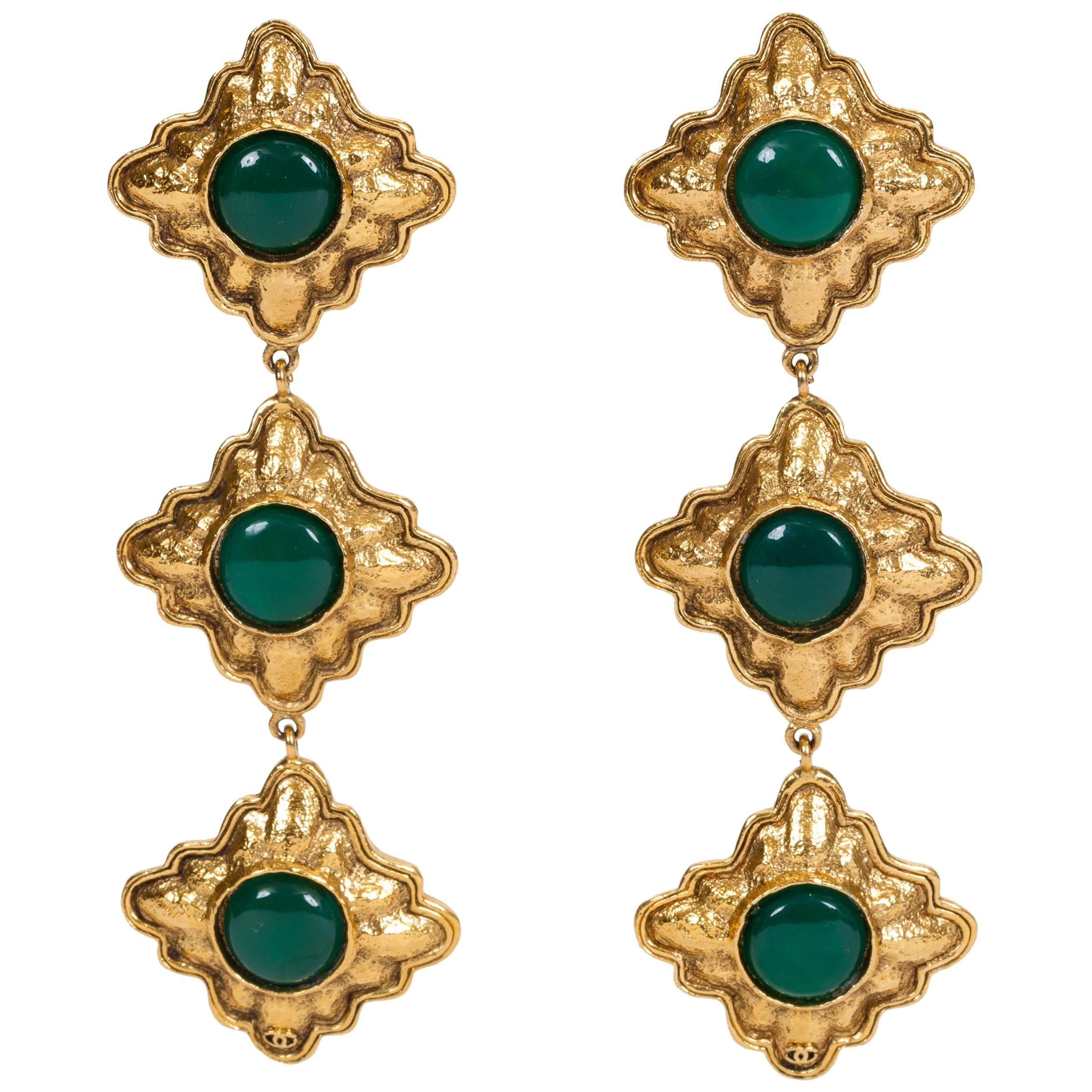 1980's Rare Chanel Green Gripoix Long Drop Earrings