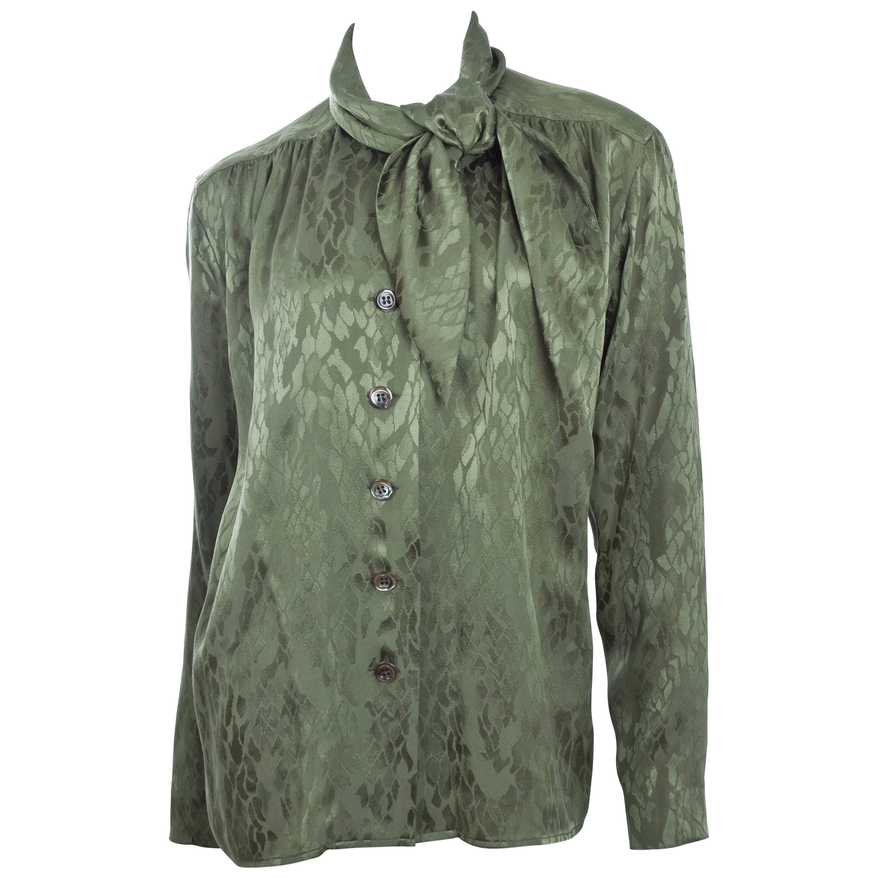 80s Vintage YVES SAINT LAURENT Green Silk Jacquard Blouse with Tie Neckline  For Sale